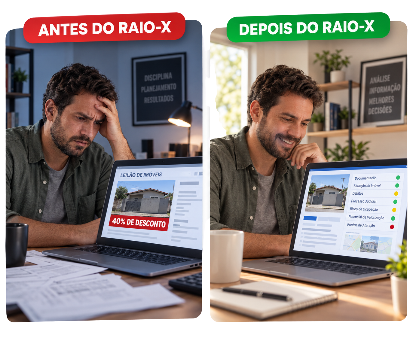 Comparação entre uma análise de imóvel sem e com o Raio-X Pré-Arremate