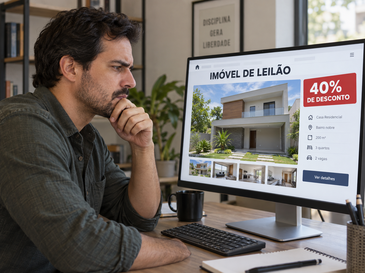 Comprador avaliando as dúvidas antes do arremate